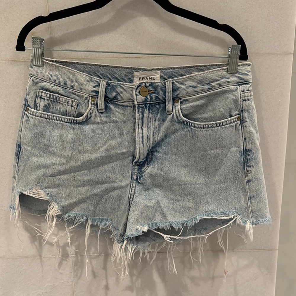 Frame Denim Women's Le Brigette Distressed Denim Shorts - Light Blue Size 28